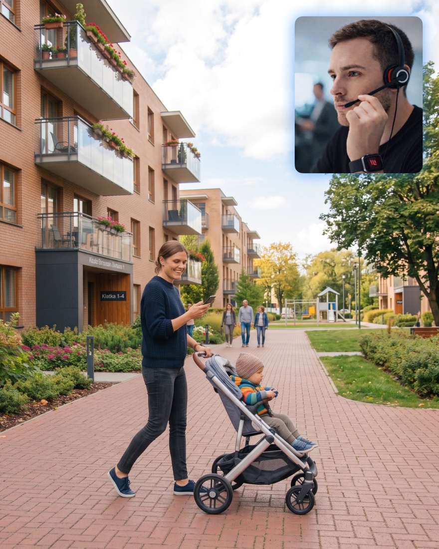 Mieszkanka nowoczesnego osiedla z aplikacją SafeMe na telefonie, w rogu Asystent Bezpieczeństwa czuwający nad zgłoszeniem