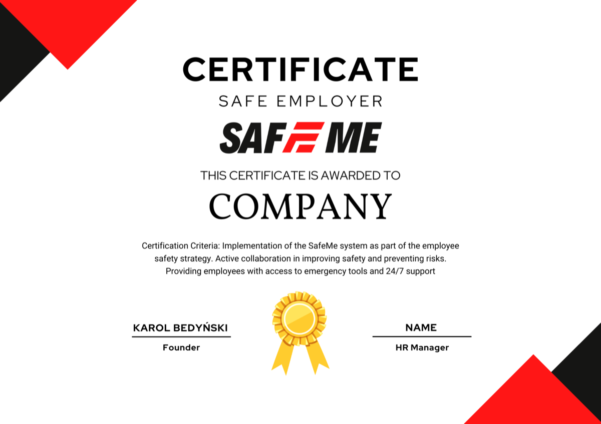 Certyfikat Safe Employer przyznawany firmom korzystającym z SafeMe