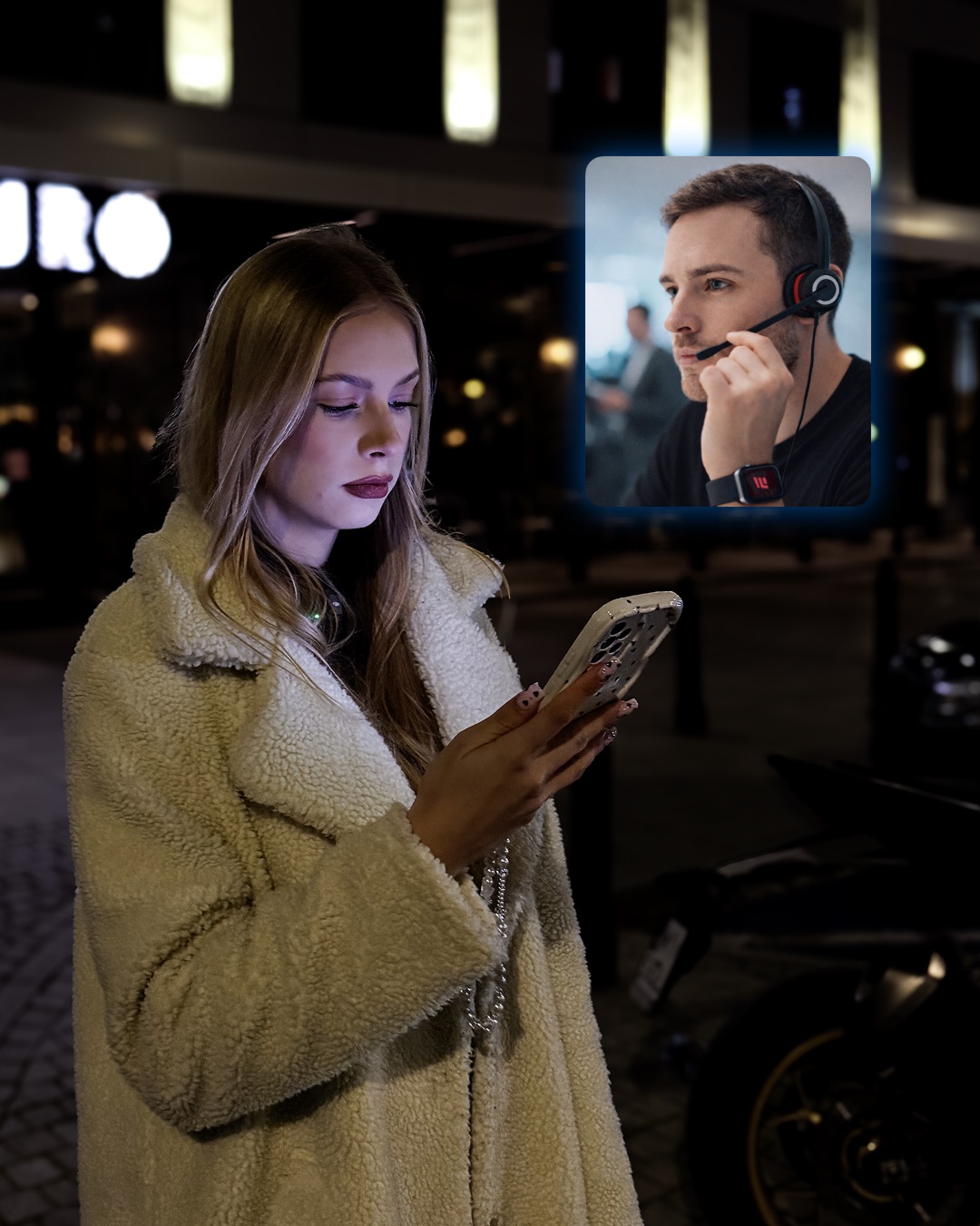 Kobieta korzystająca nocą z aplikacji SafeMe, w tle Asystent Bezpieczeństwa czuwający na słuchawkach
