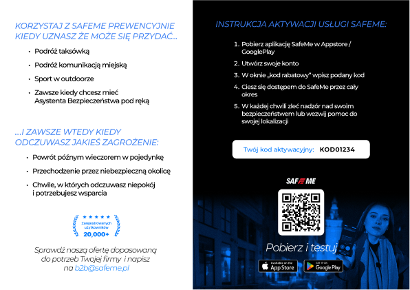 Tył Vouchera SafeMe z instrukcją aktywacji, kodem aktywacyjnym i kodem QR do pobrania aplikacji